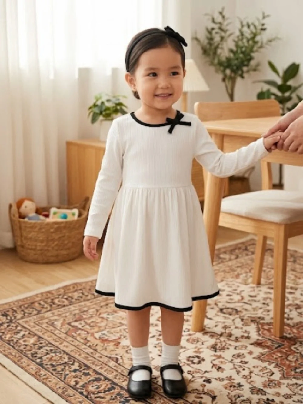 Nannette White Long-Sleeve Dress with Black Trim and Bow Accent